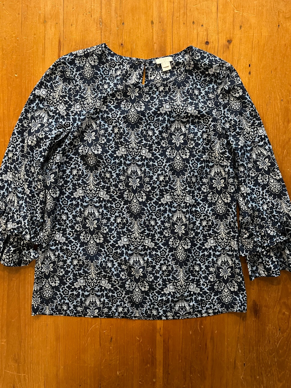 J. Crew 3/4 Sleeve Ruffle Cuff Pull-Over Cotton Blouse Blue White Paisley Print